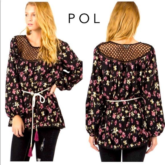 NEW POL Floral Tunic with Crochet Lace & Crinkle Fabric belt included - Picture 1 of 17